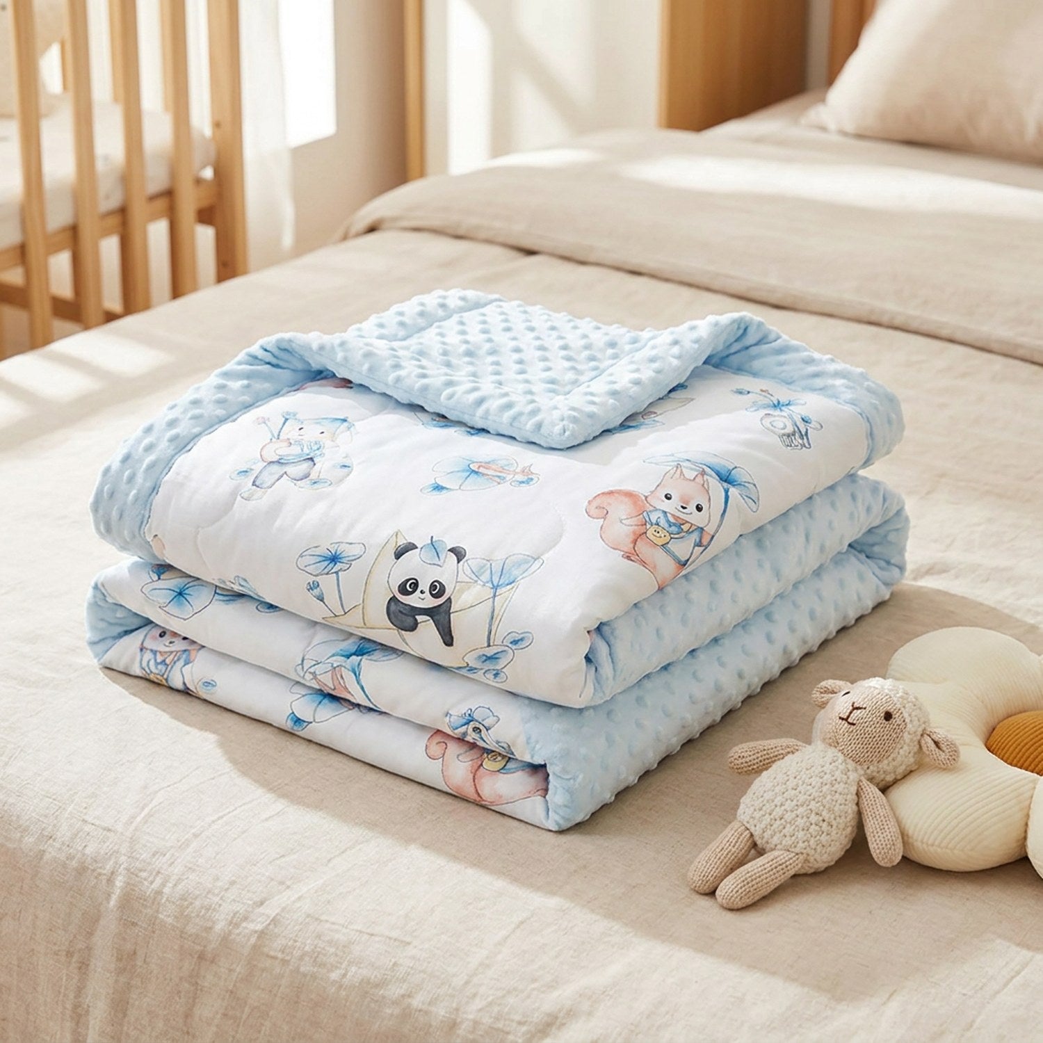 Couverture enfant pliée en pile douce sur un lit en lin avec peluches