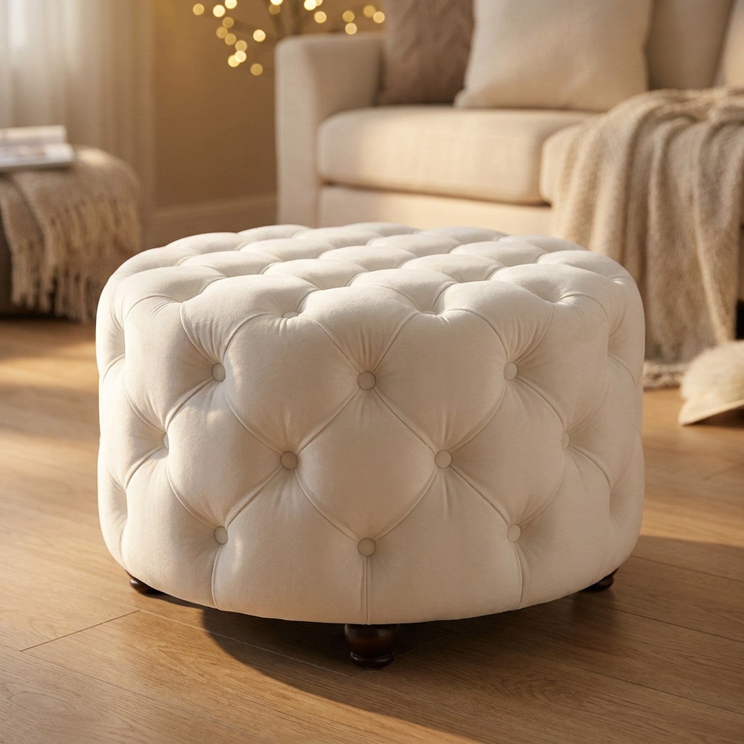 Gros plan sur le capitonnage en velours blanc et les pieds en bois du tabouret