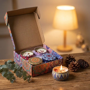 Coffret ouvert de quatre bougies parfumées bohème sur une table en bois près d une lampe