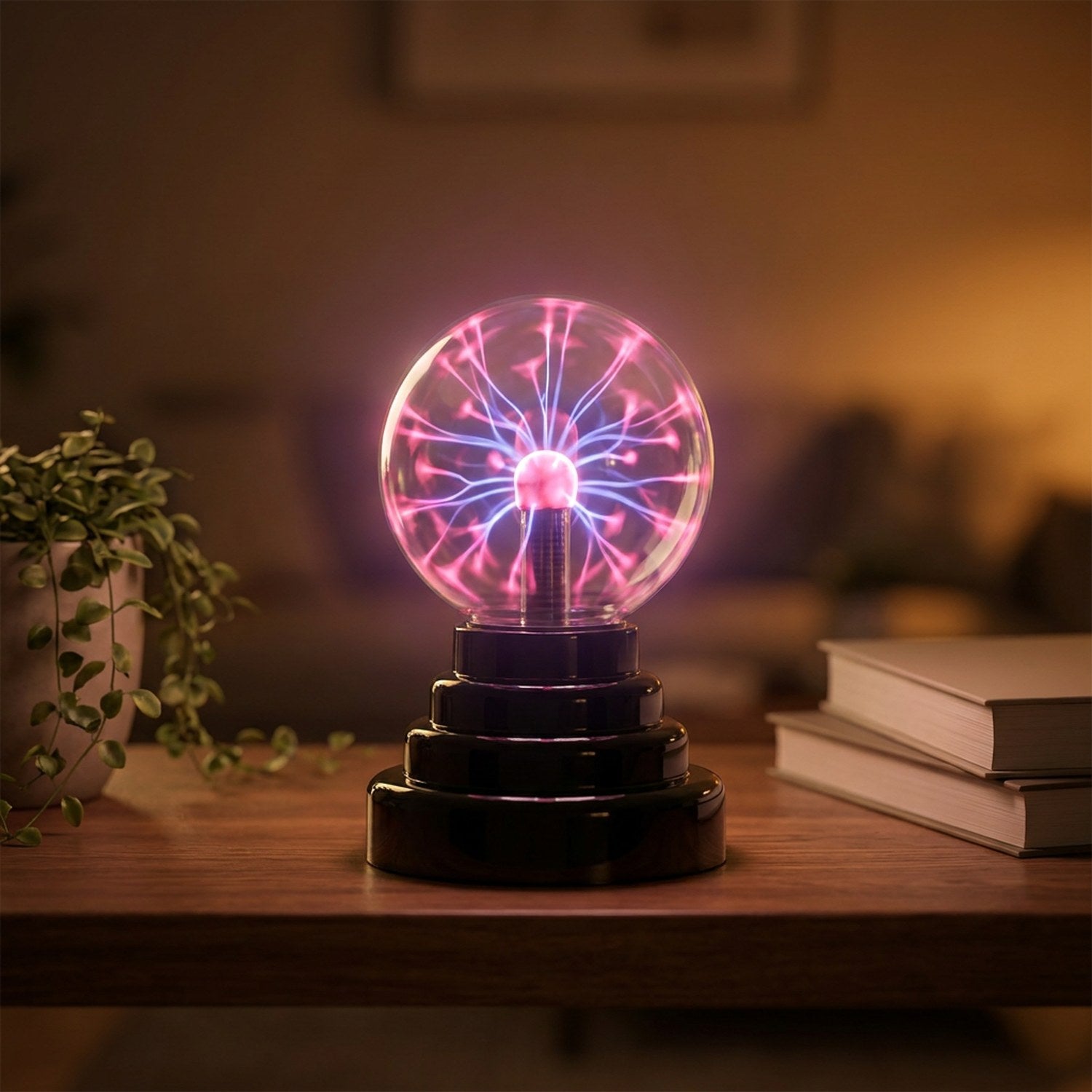 Lampe boule de plasma allumée sur une étagère en bois près d'une plante dans un salon