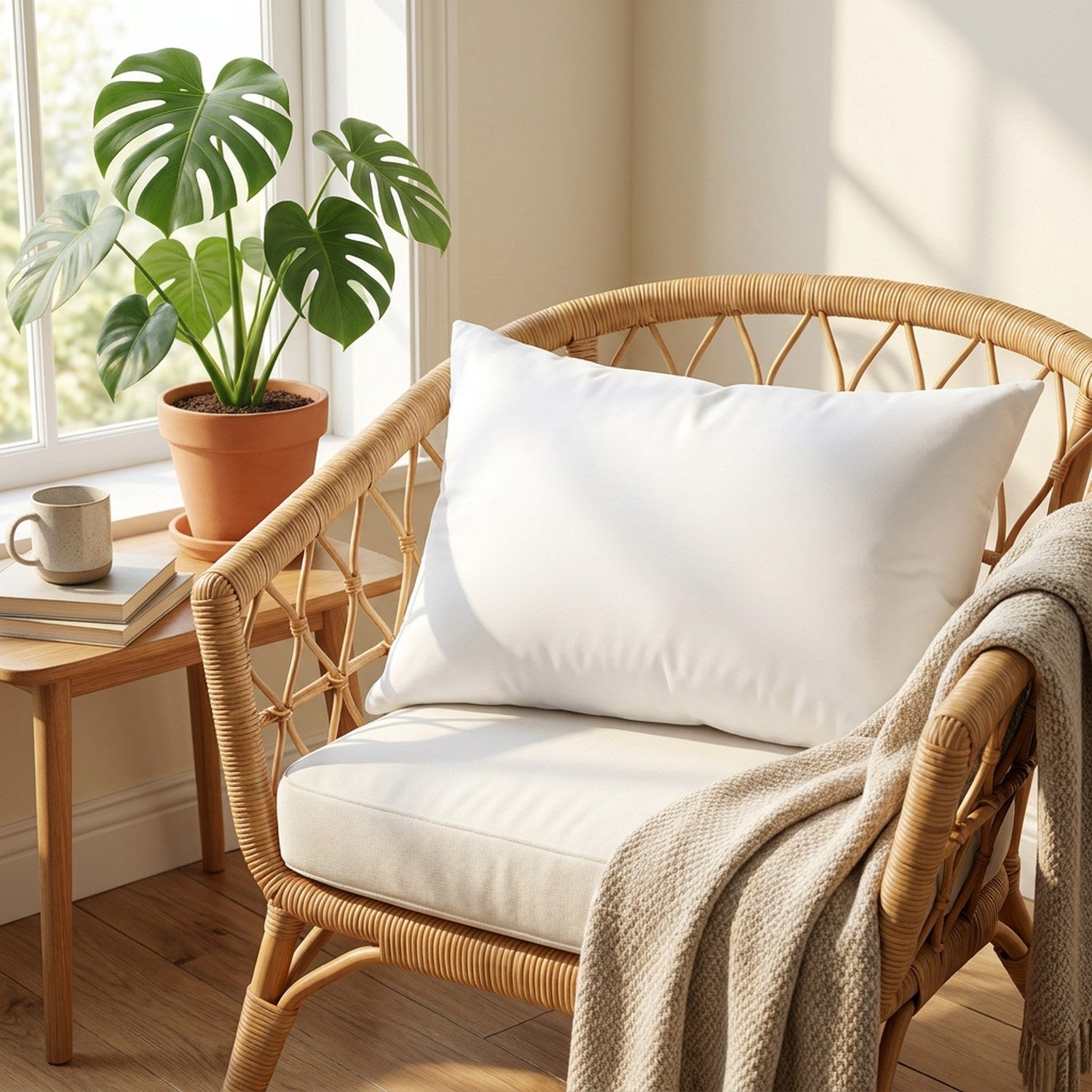 Housse de coussin personnalisée sur un fauteuil en rotin près d'une fenêtre