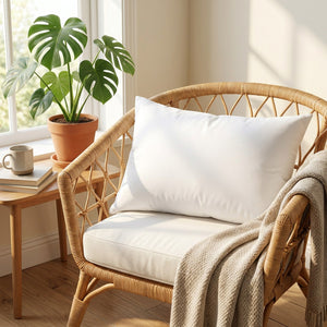 Housse de coussin personnalisée sur un fauteuil en rotin près d'une fenêtre