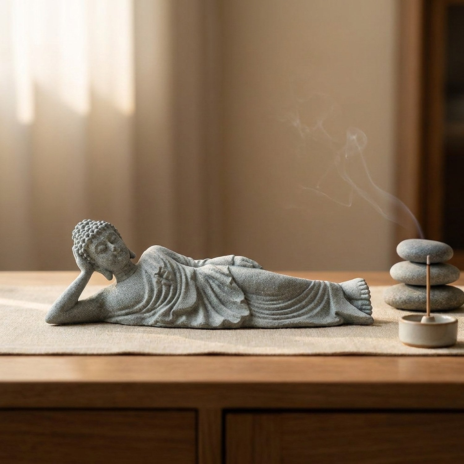 Statue de Bouddha couché en grès sur un chemin de table en lin avec galets et porte-encens