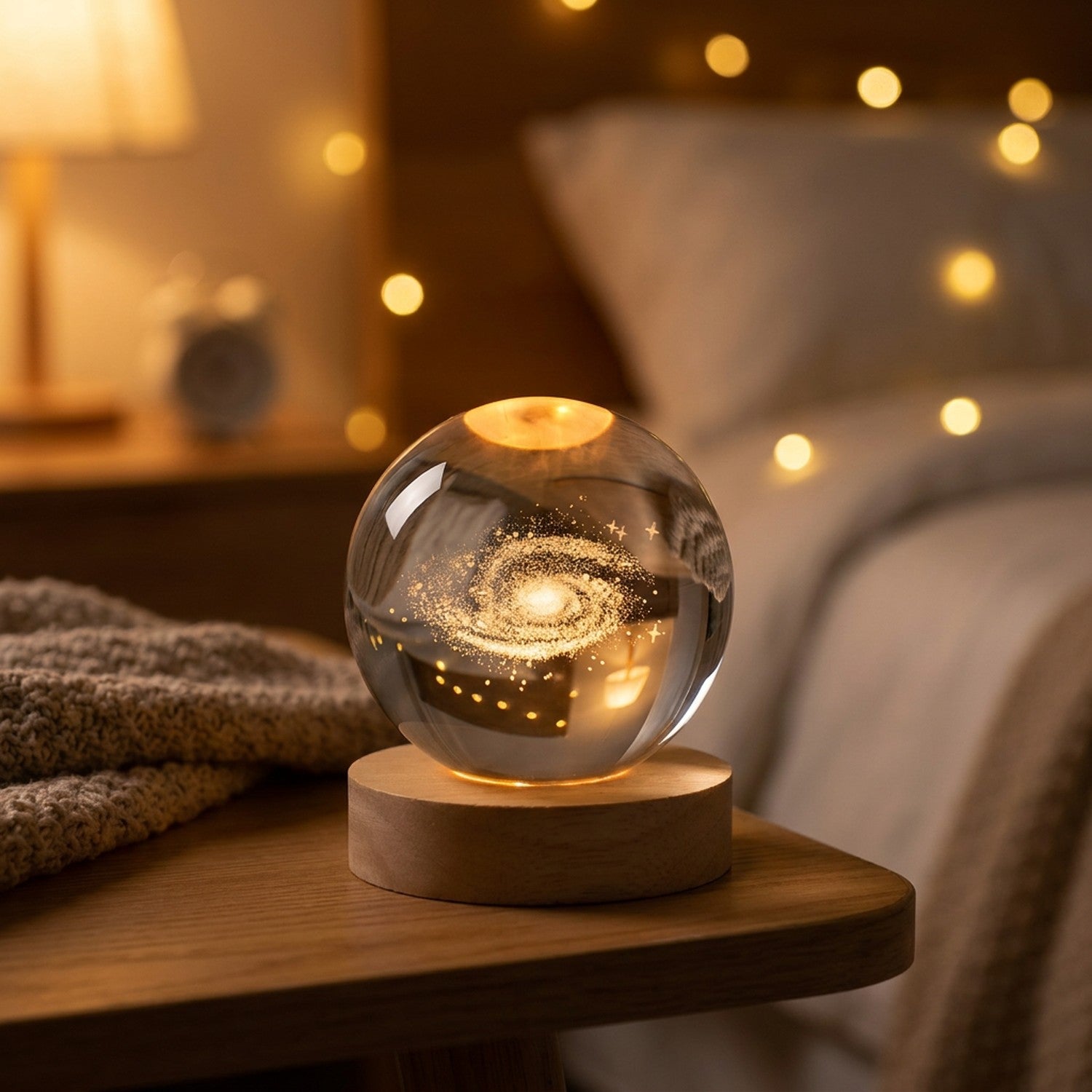 Lampe galaxie posée sur une table de chevet dans une chambre tamisée