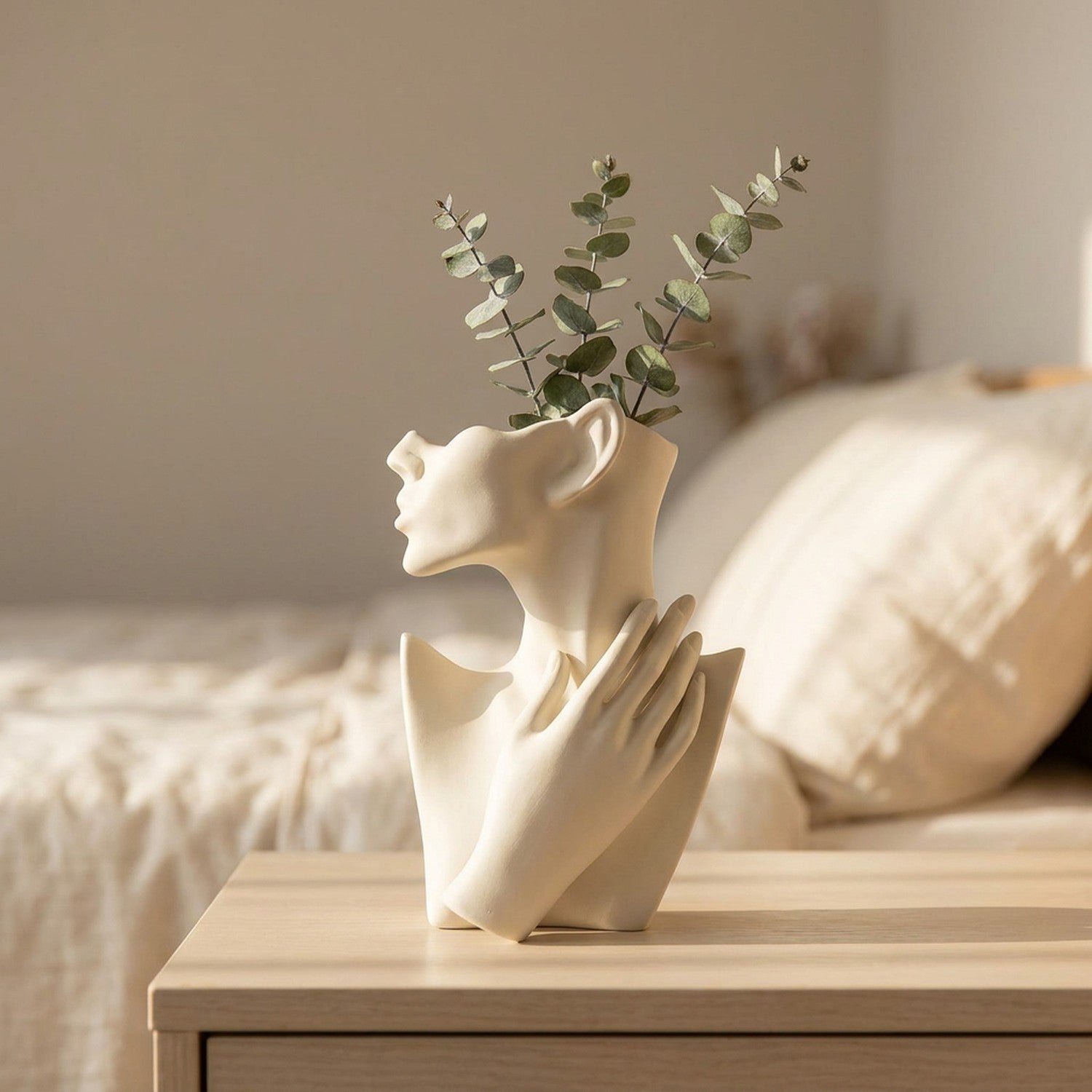 Vase visage en céramique garni d'eucalyptus sur une commode dans une chambre douce