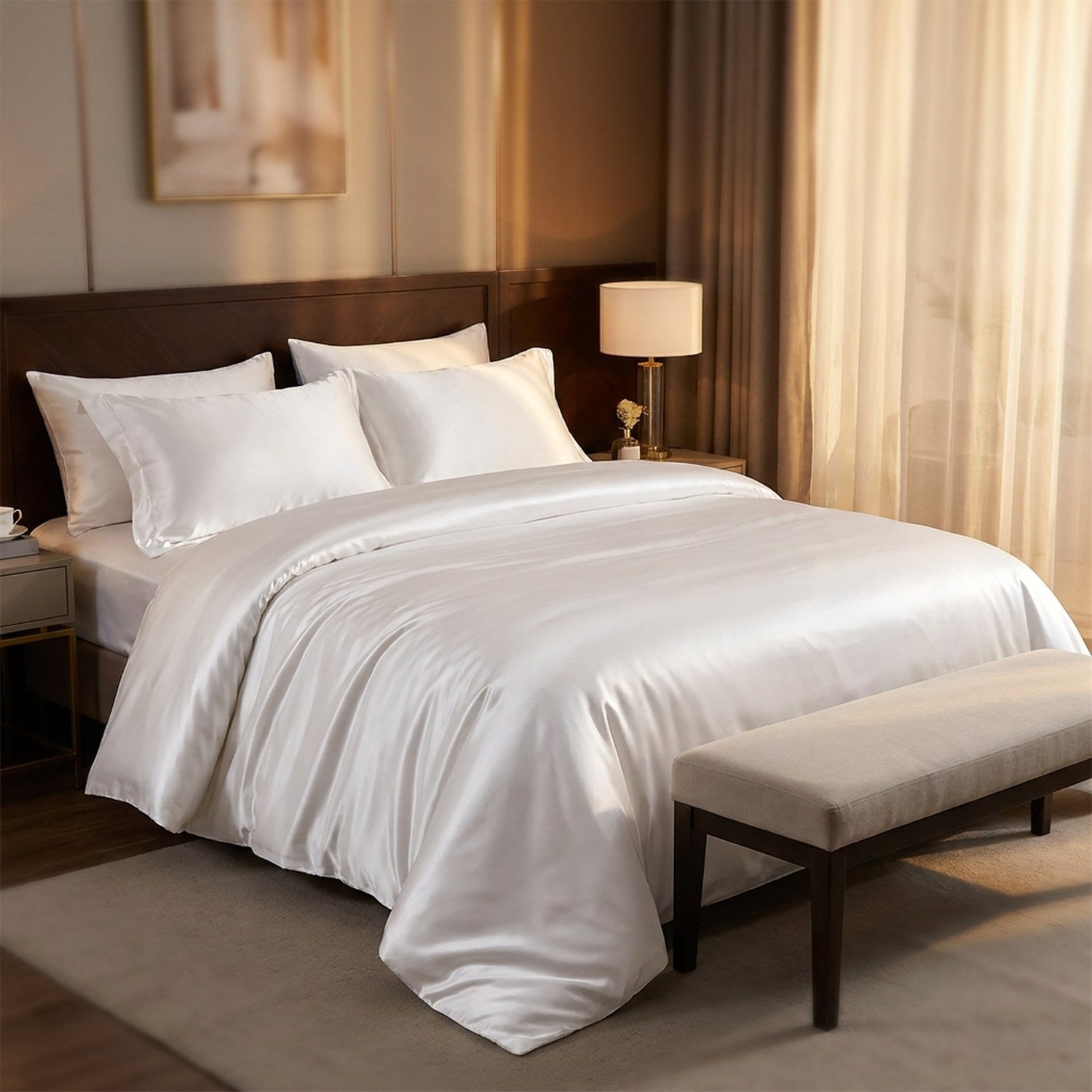 Parure de lit satin blanc dans une chambre style hôtel avec banquette