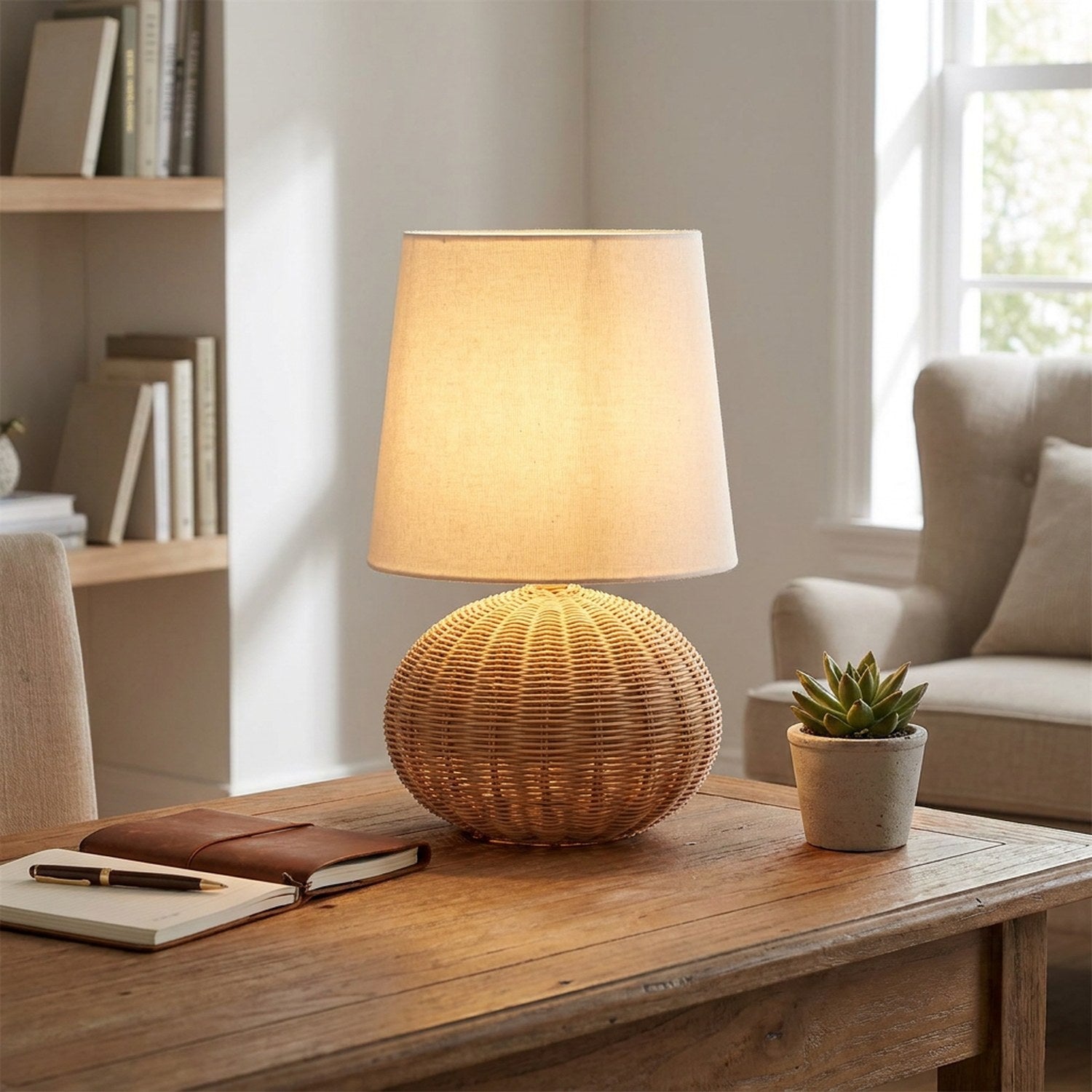 Lampe à poser en rotin tressé allumée sur un bureau avec plante verte