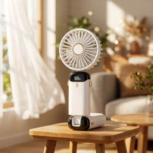 Mini ventilateur portable blanc sur une table d'appoint dans un salon lumineux