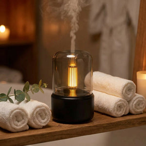 Diffuseur d'huile essentielle effet flamme sur une étagère de salle de bain avec serviettes
