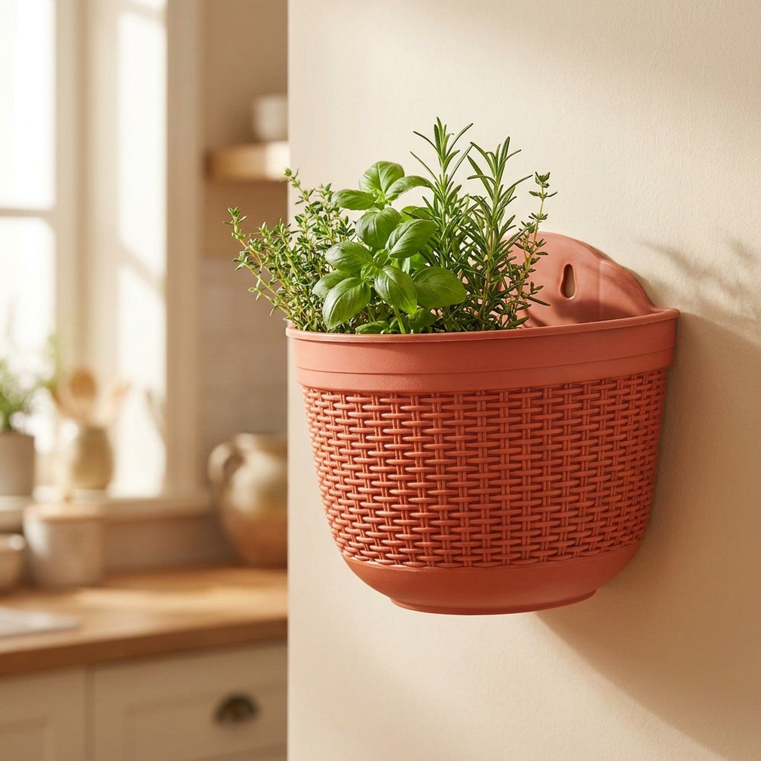 Pot de fleurs mural terracotta fixé sur un mur de cuisine garni d'herbes aromatiques fraîches