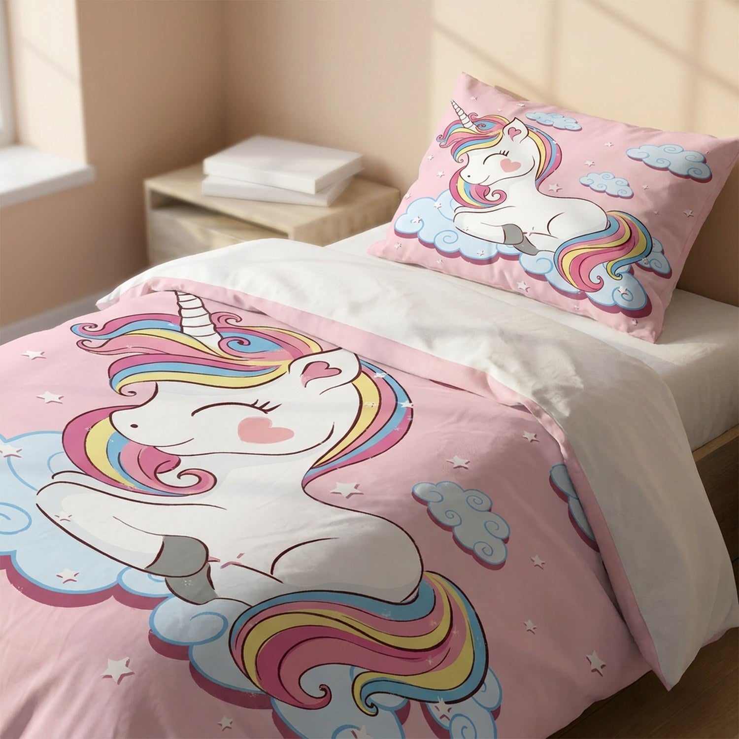 Gros plan de la housse de couette licorne et de sa taie assortie motif nuages et étoiles