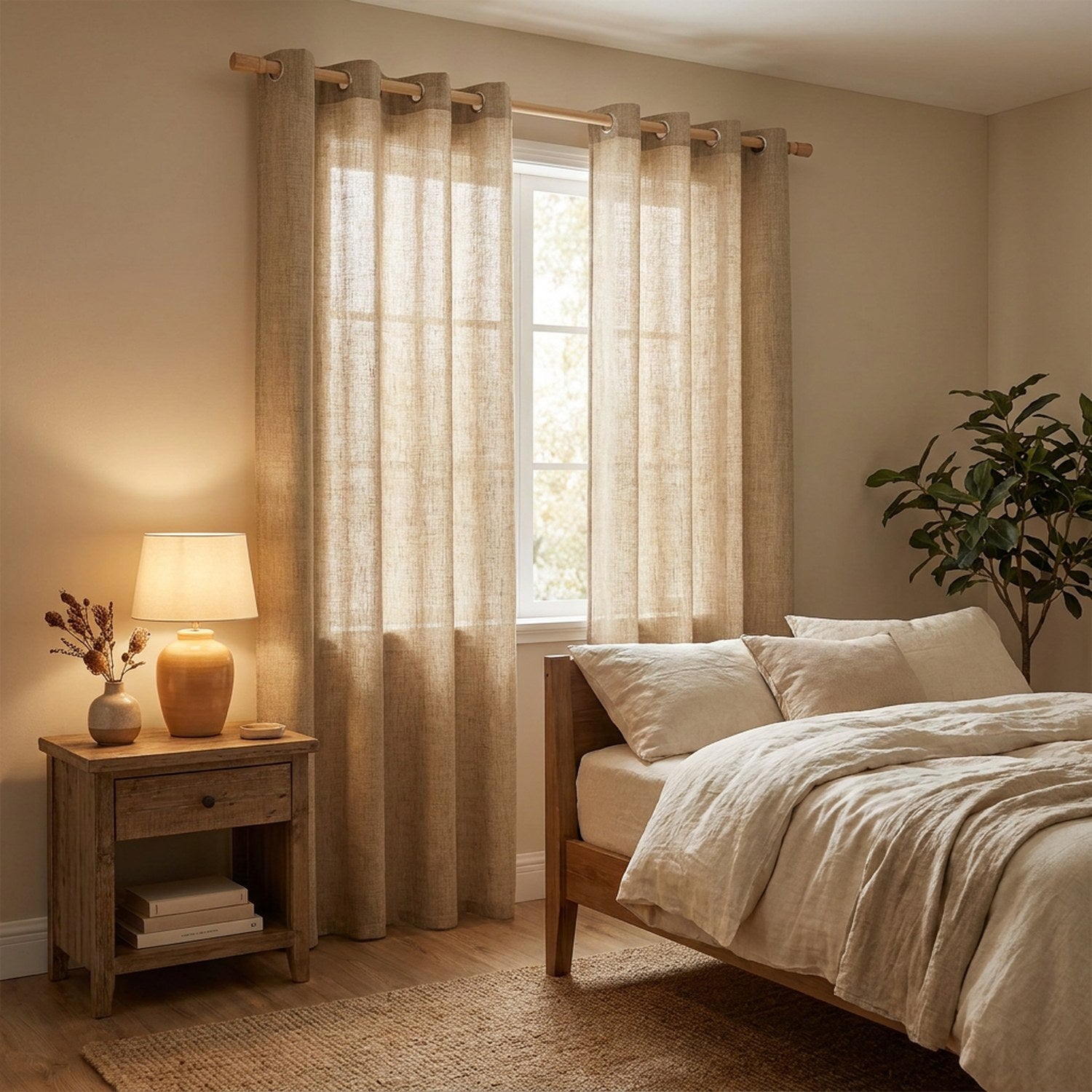 Rideau en lin beige à œillets dans une chambre cosy avec lit en lin et lampe chaleureuse