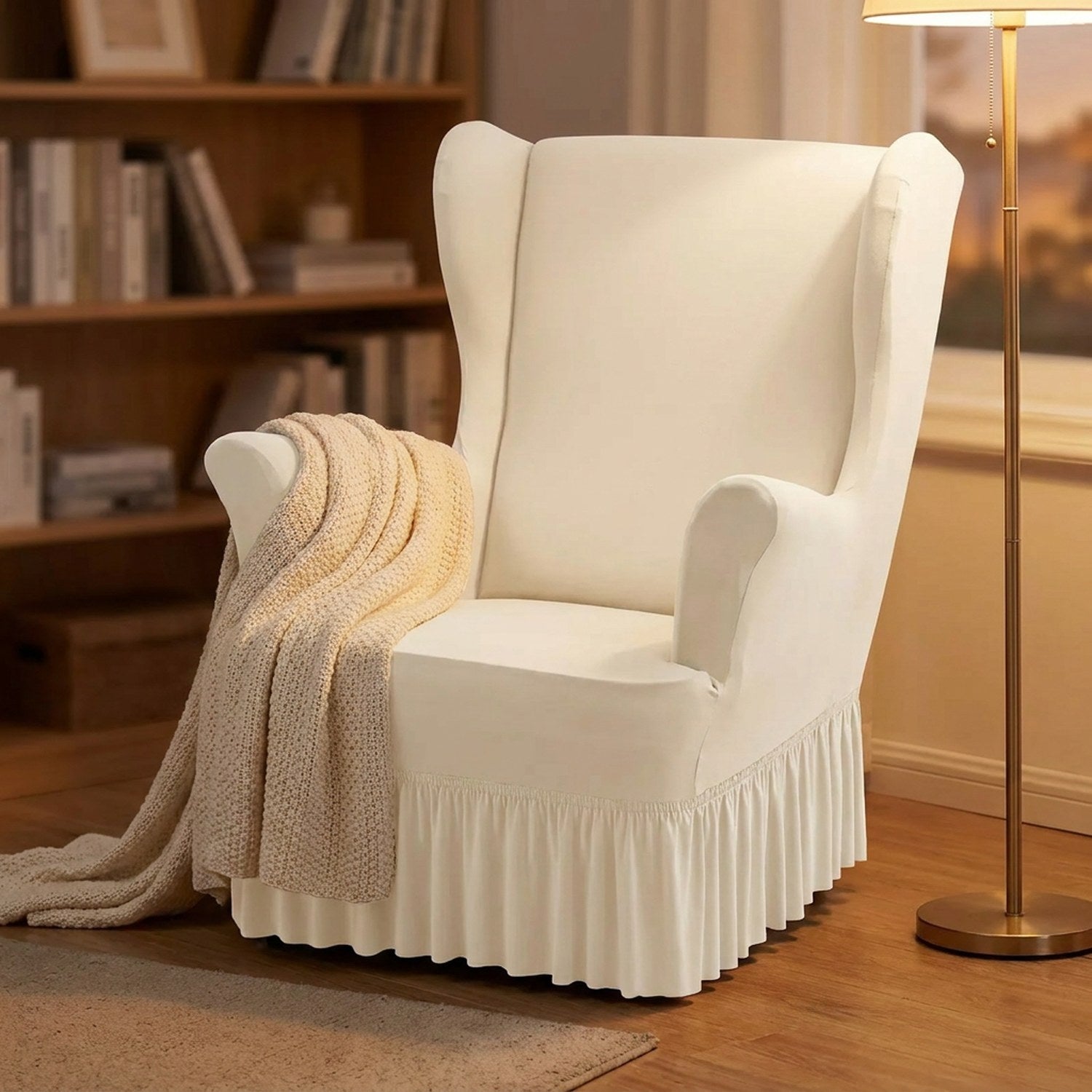 Housse de fauteuil à oreilles écrue dans un coin lecture avec lampadaire et plaid