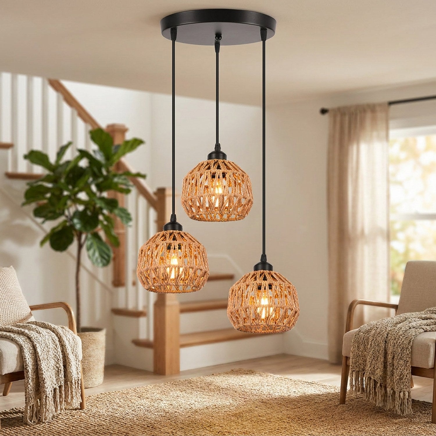 Lustre rond trois lampes en corde de chanvre beige dans un salon bohème lumineux