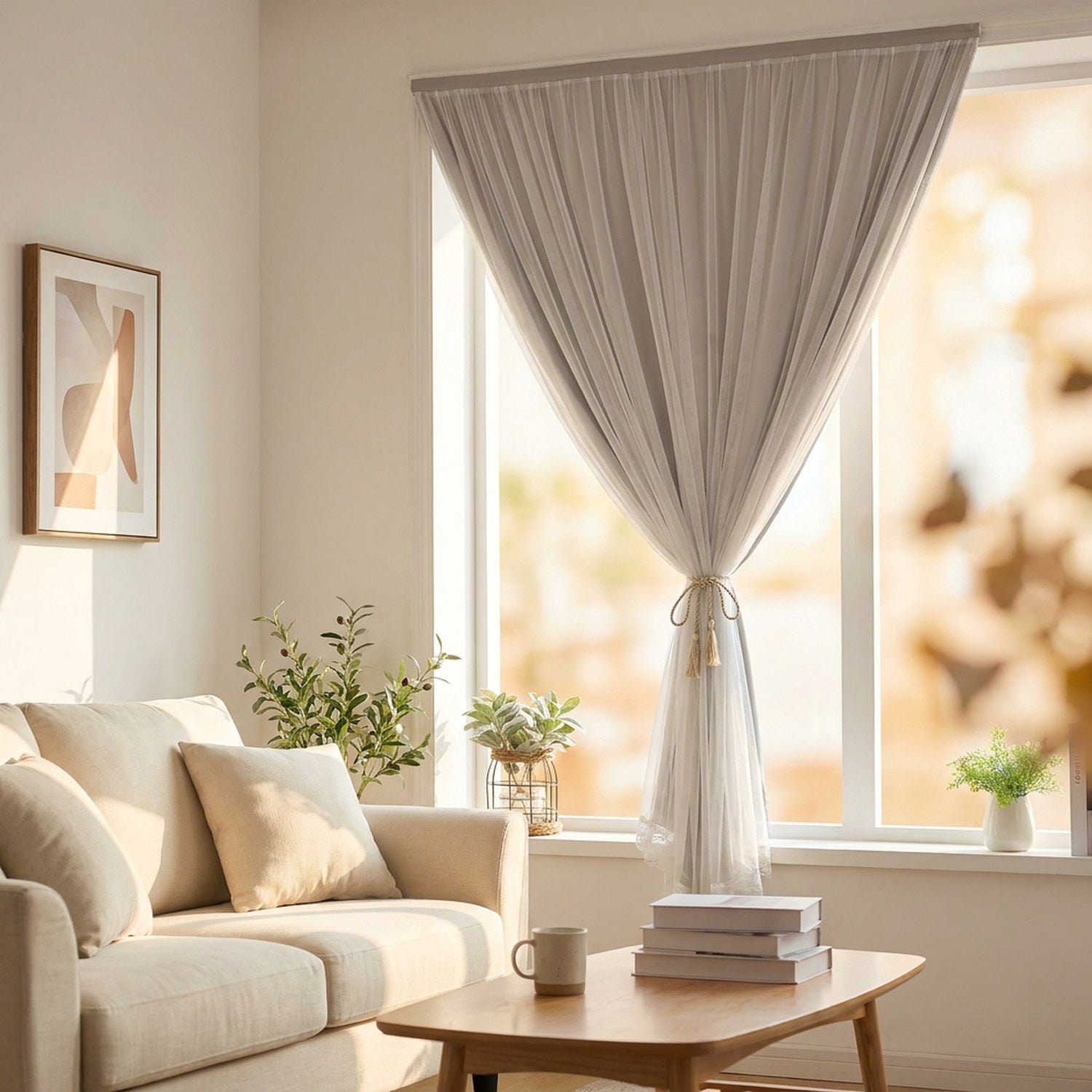 Rideau occultant double couche filtrant la lumière dans un salon cosy