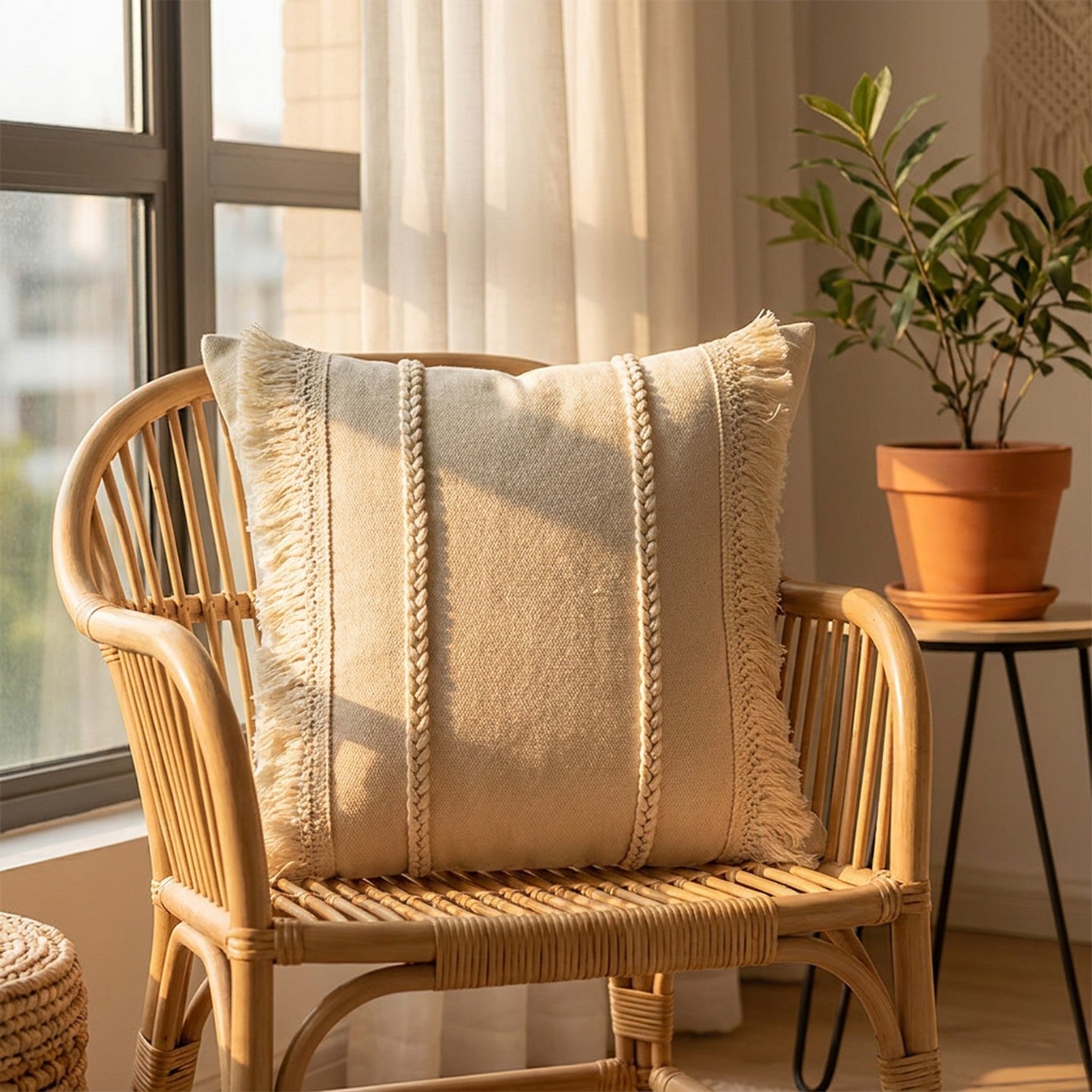 Coussin bohème beige à franges sur un fauteuil en rotin près d'une fenêtre avec une plante
