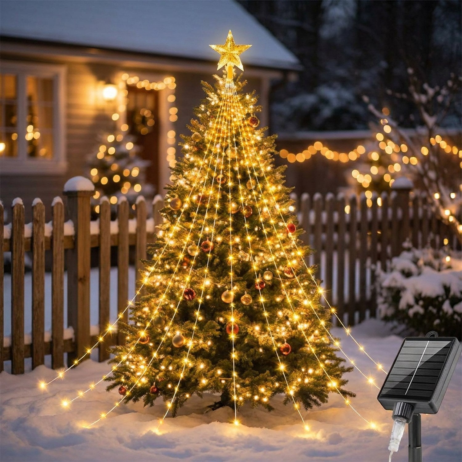Guirlande lumineuse de Noël en cascade sur un sapin de jardin clôturé