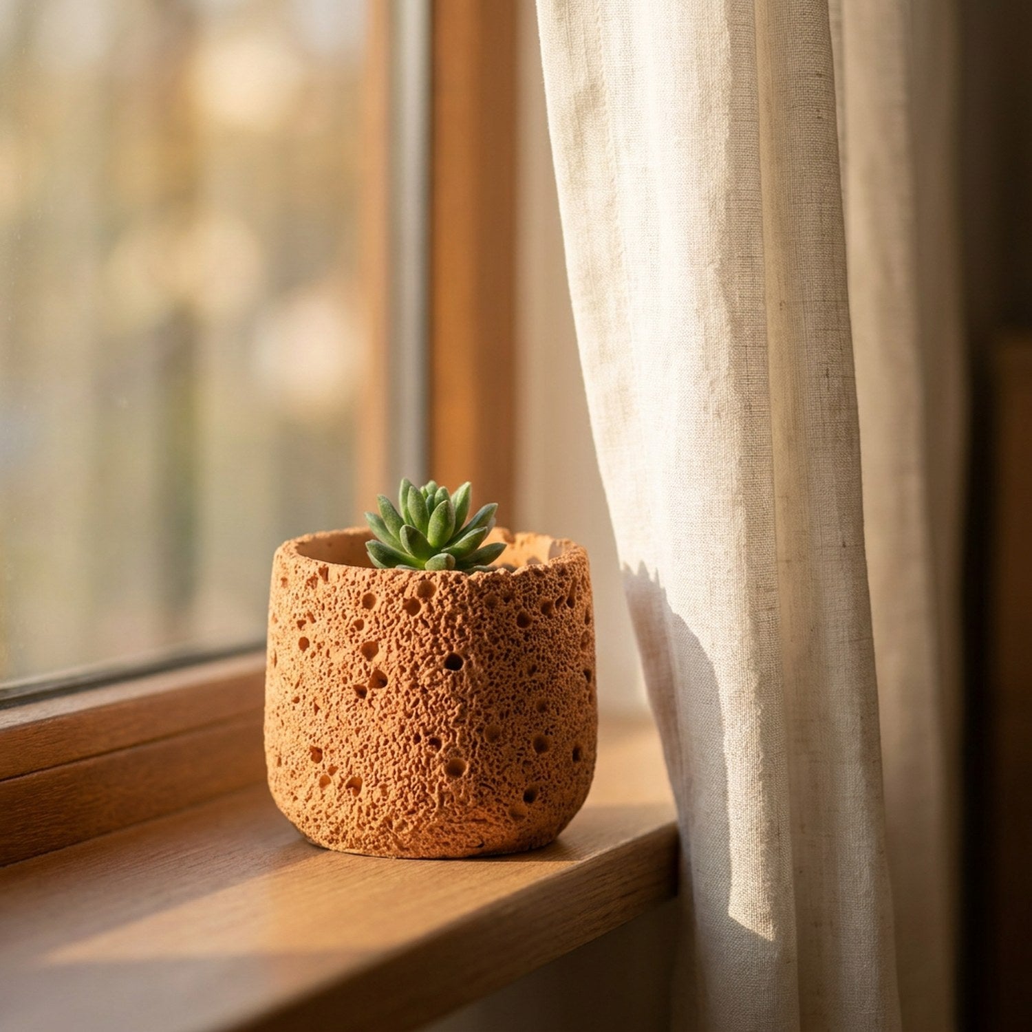 Cache-pot terracotta avec succulente sur un rebord de fenêtre baigné de lumière