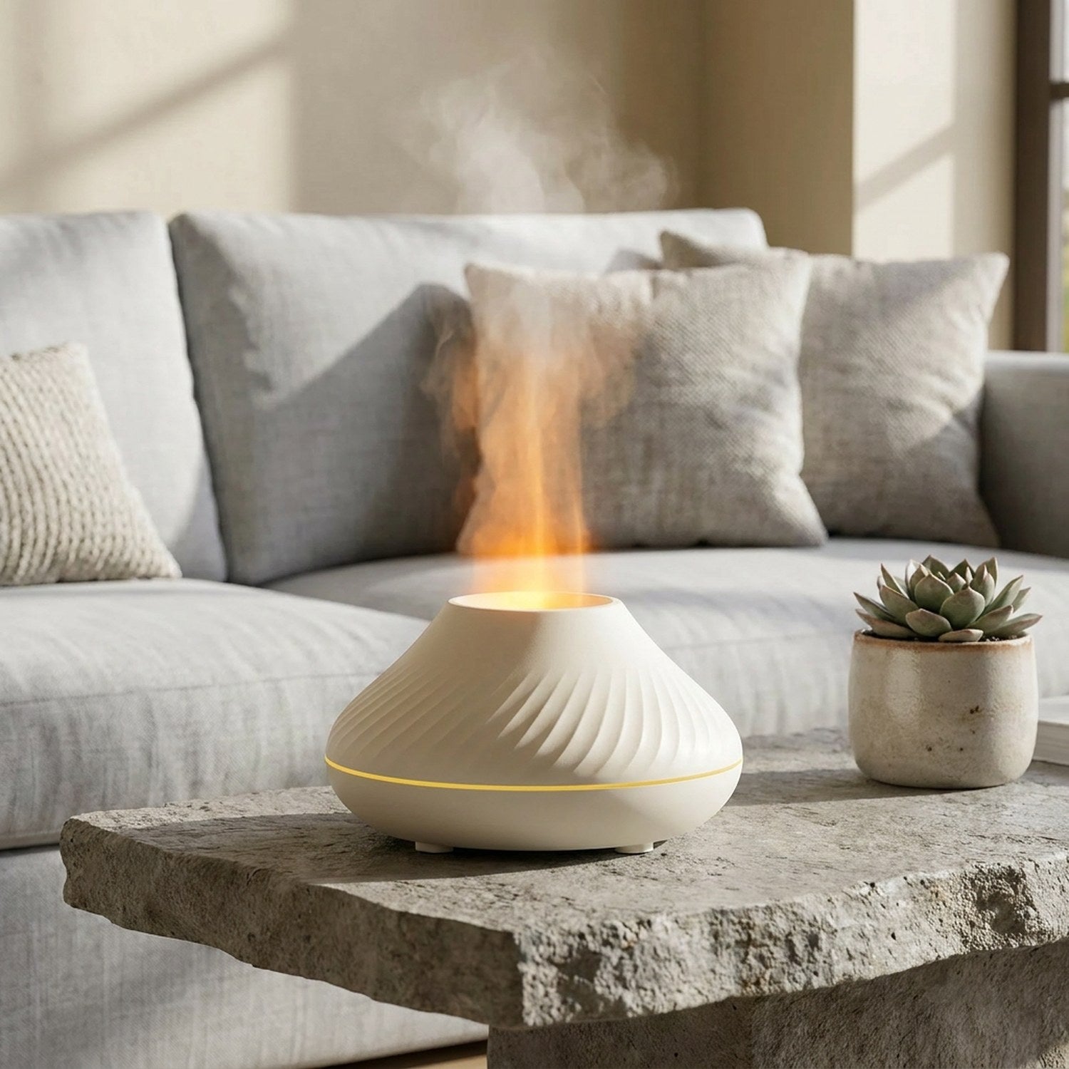 Diffuseur volcanique blanc salon scandinave flamme orange