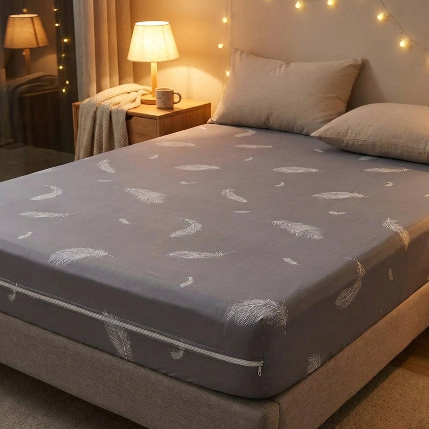 Housse de matelas à plumes grise sur un lit dans une chambre chaleureuse avec lampe de chevet