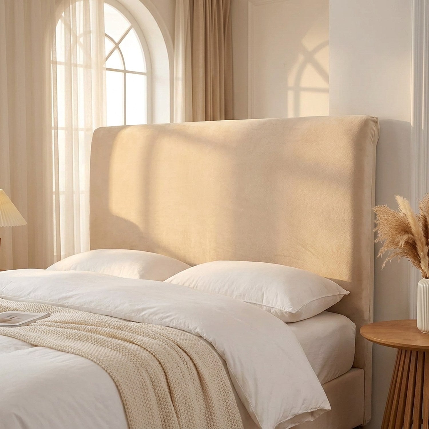 Housse de tête de lit en velours beige dans une chambre élégante à la lumière dorée