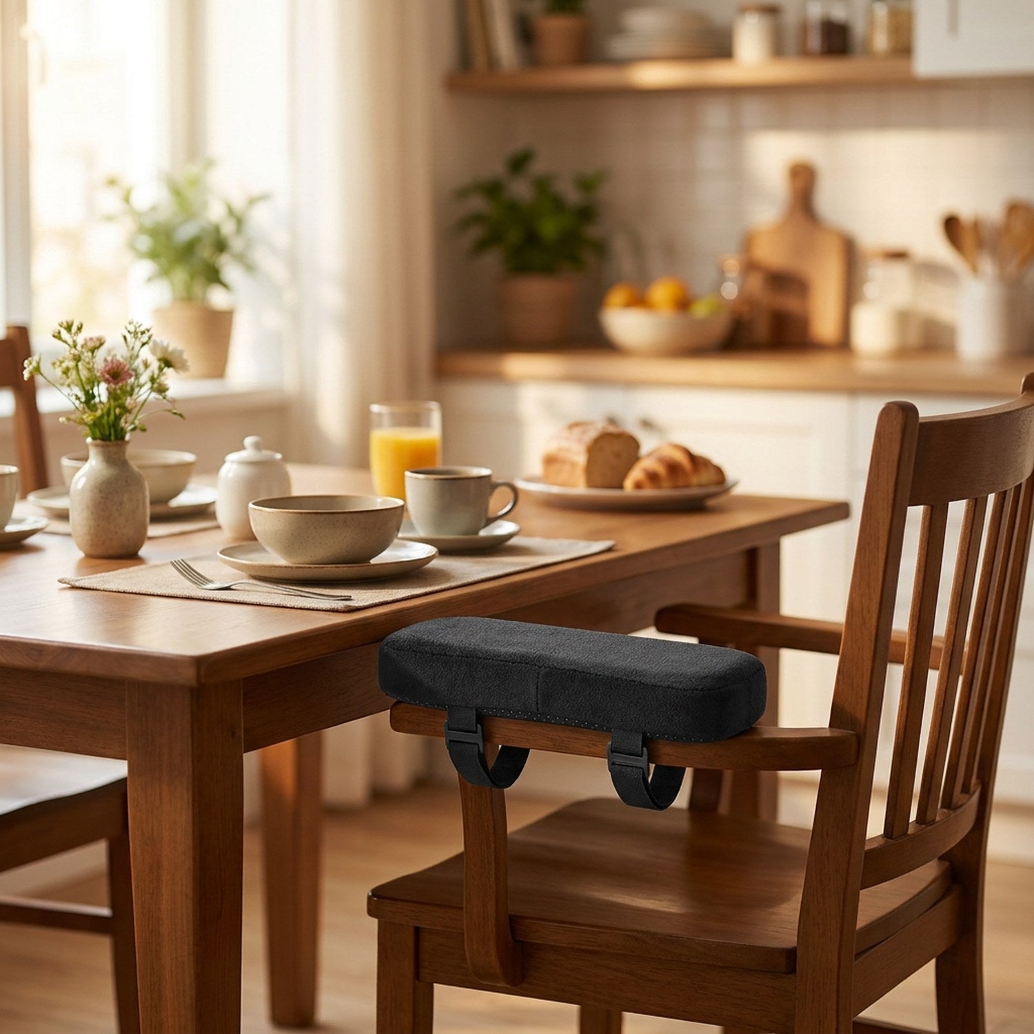 Coussinet d'accoudoir noir fixé sur une chaise en bois à une table de petit déjeuner