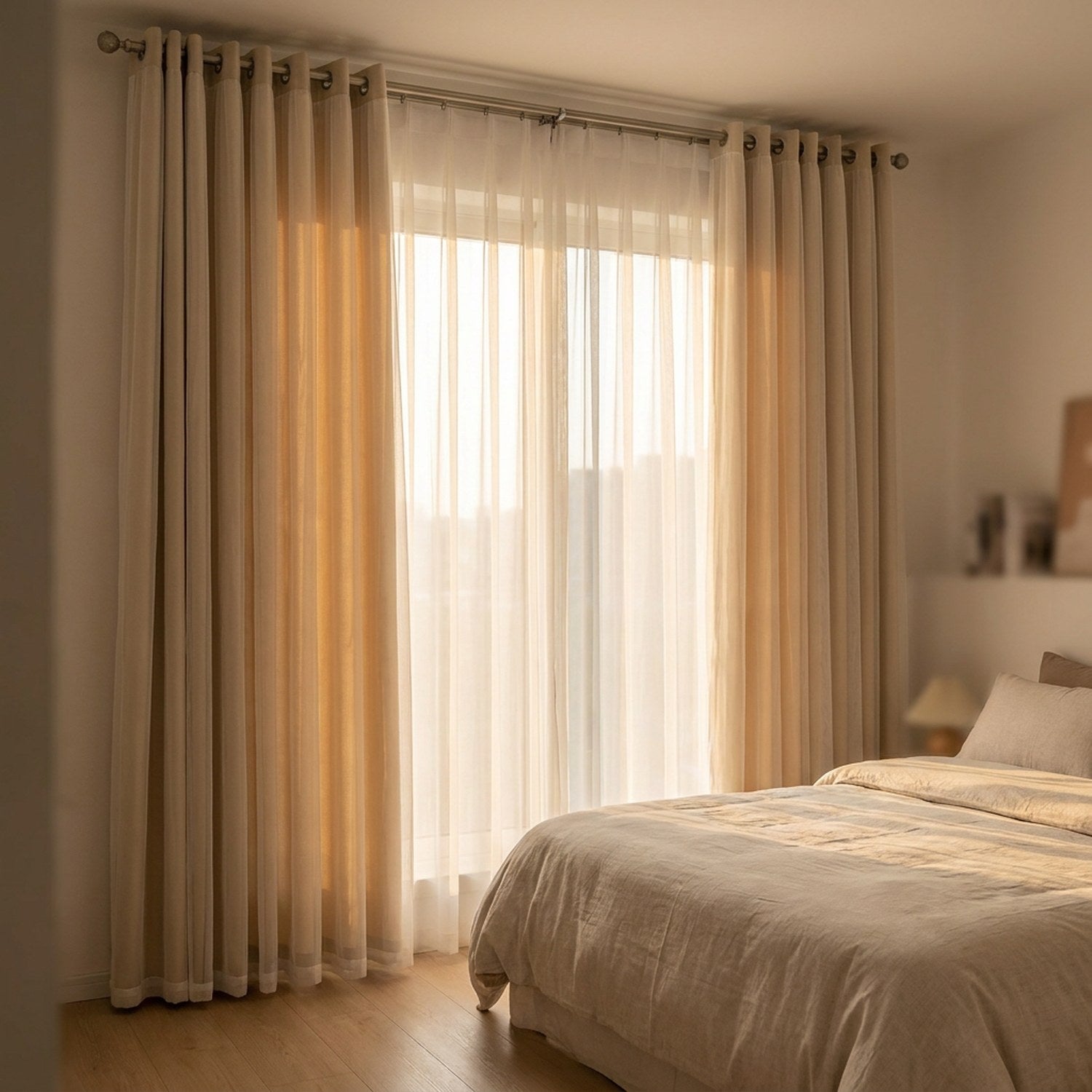 Rideau occultant double épaisseur dans une chambre au coucher du soleil
