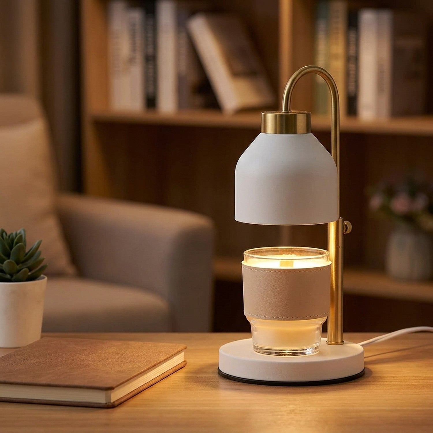 Lampe chauffe-bougie sur un bureau en bois dans un coin bureau cocooning