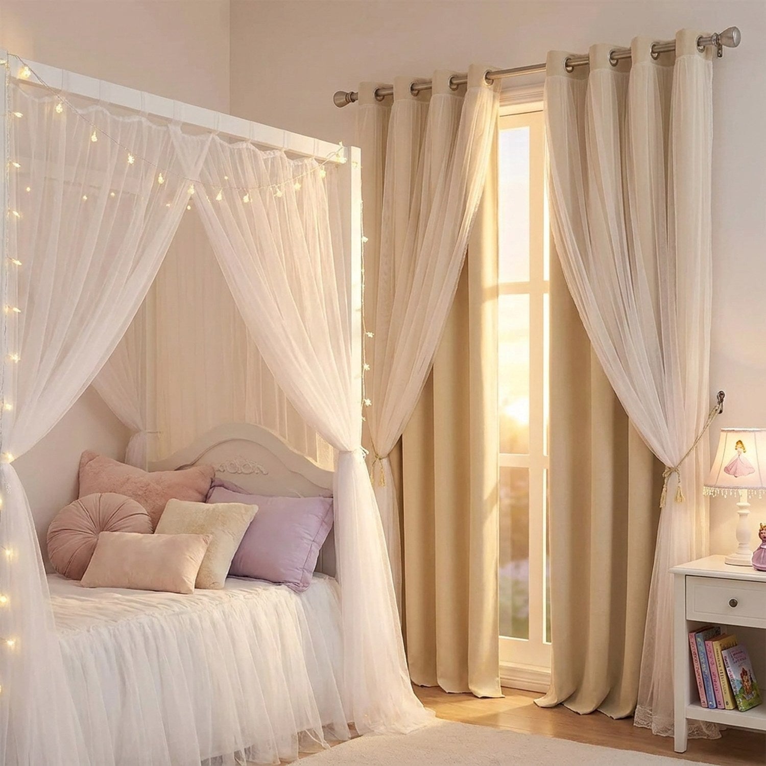 Rideau occultant beige près d'un lit à baldaquin dans une chambre de princesse