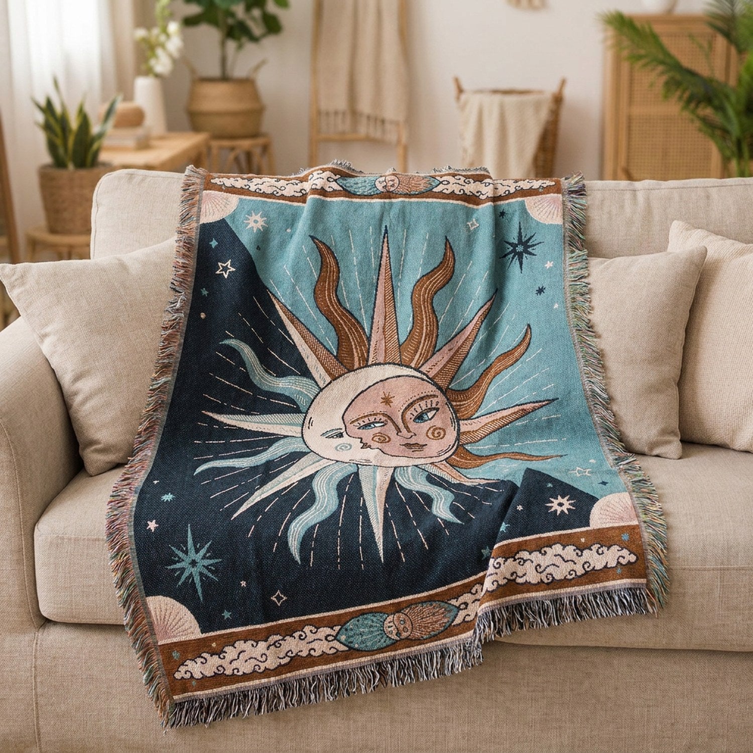 Tapisserie plaid soleil et lune drapée sur un canapé beige