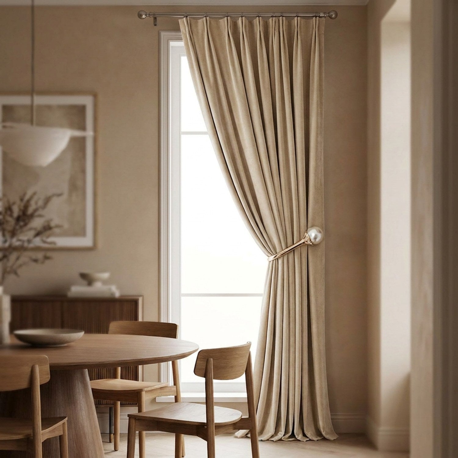 Rideau occultant en velours beige dans une salle à manger avec table ronde en bois