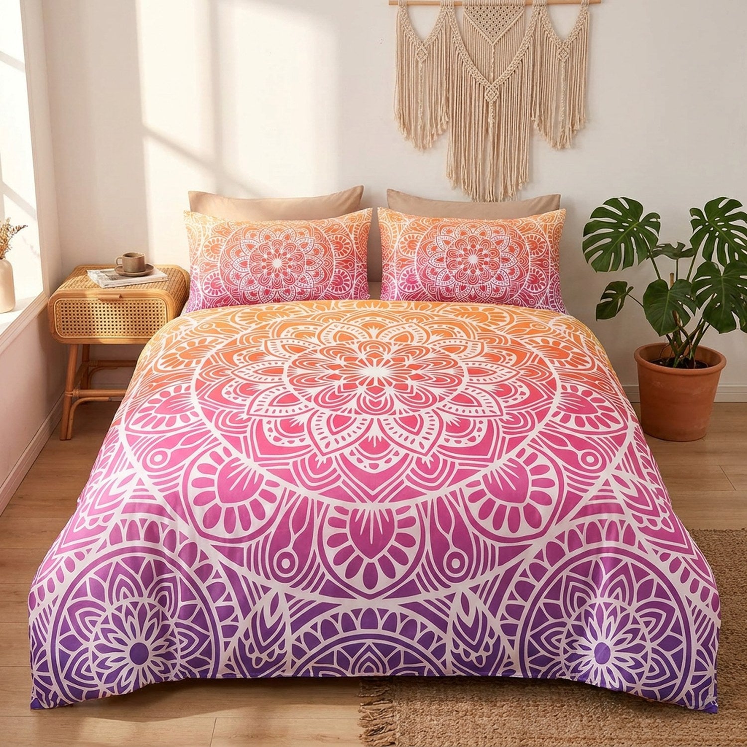 Parure de lit bohème mandala dégradé dans une chambre lumineuse avec plante verte