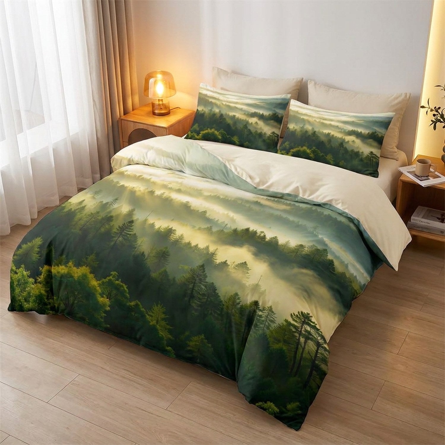 Parure de lit forêt brumeuse dans une chambre moderne avec lampe de chevet allumée