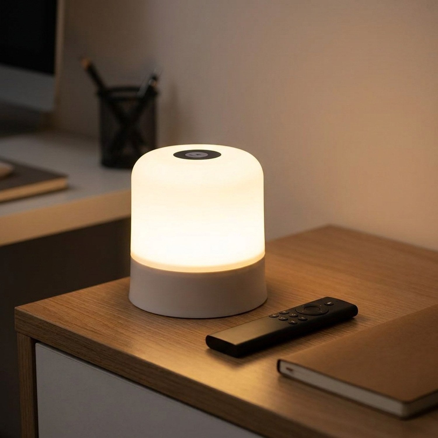 Lampe de chevet tactile posée sur un bureau à côté d'une télécommande