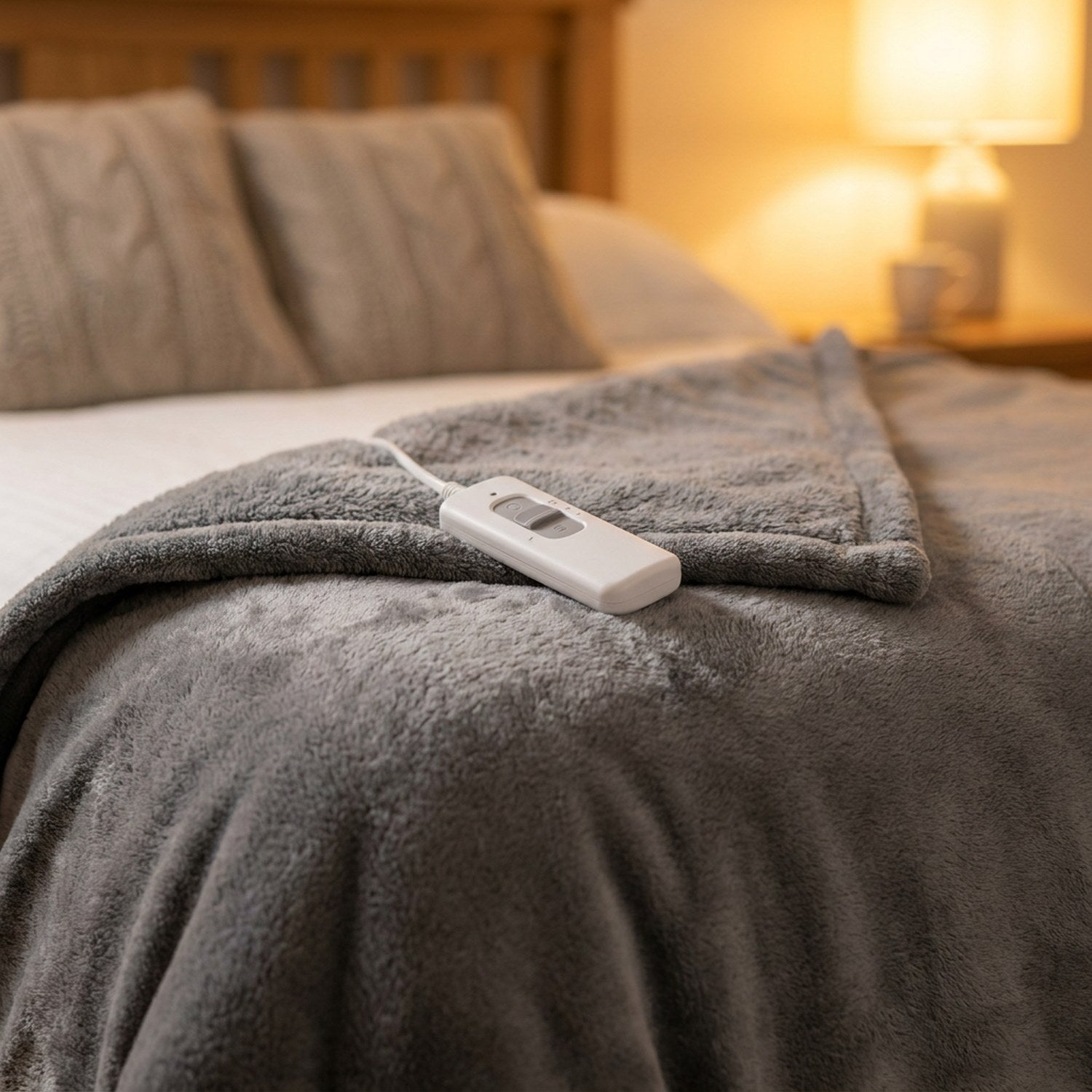 Surface peluche moelleuse de la couverture chauffante grise sur un lit