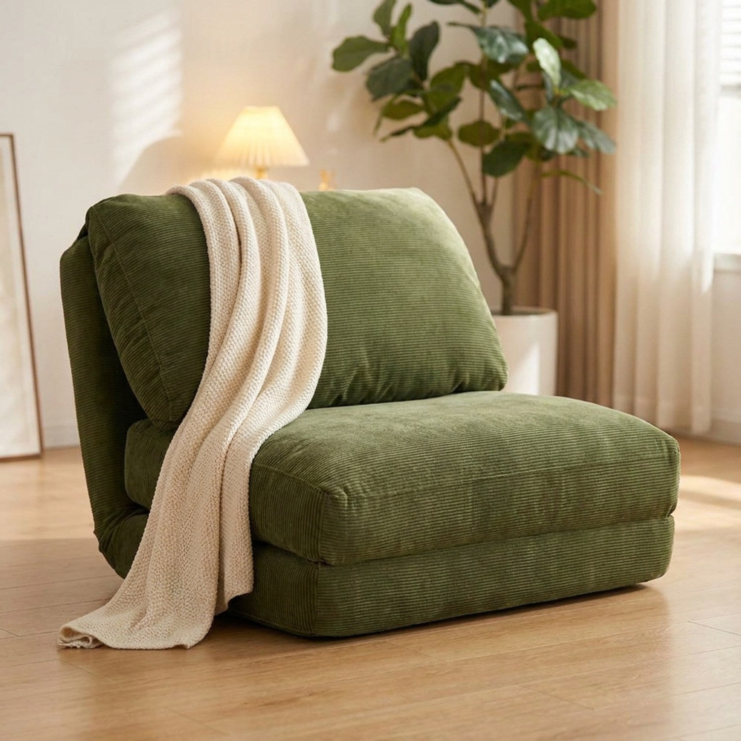 Fauteuil de sol kaki avec un plaid drapé dans un salon chaleureux