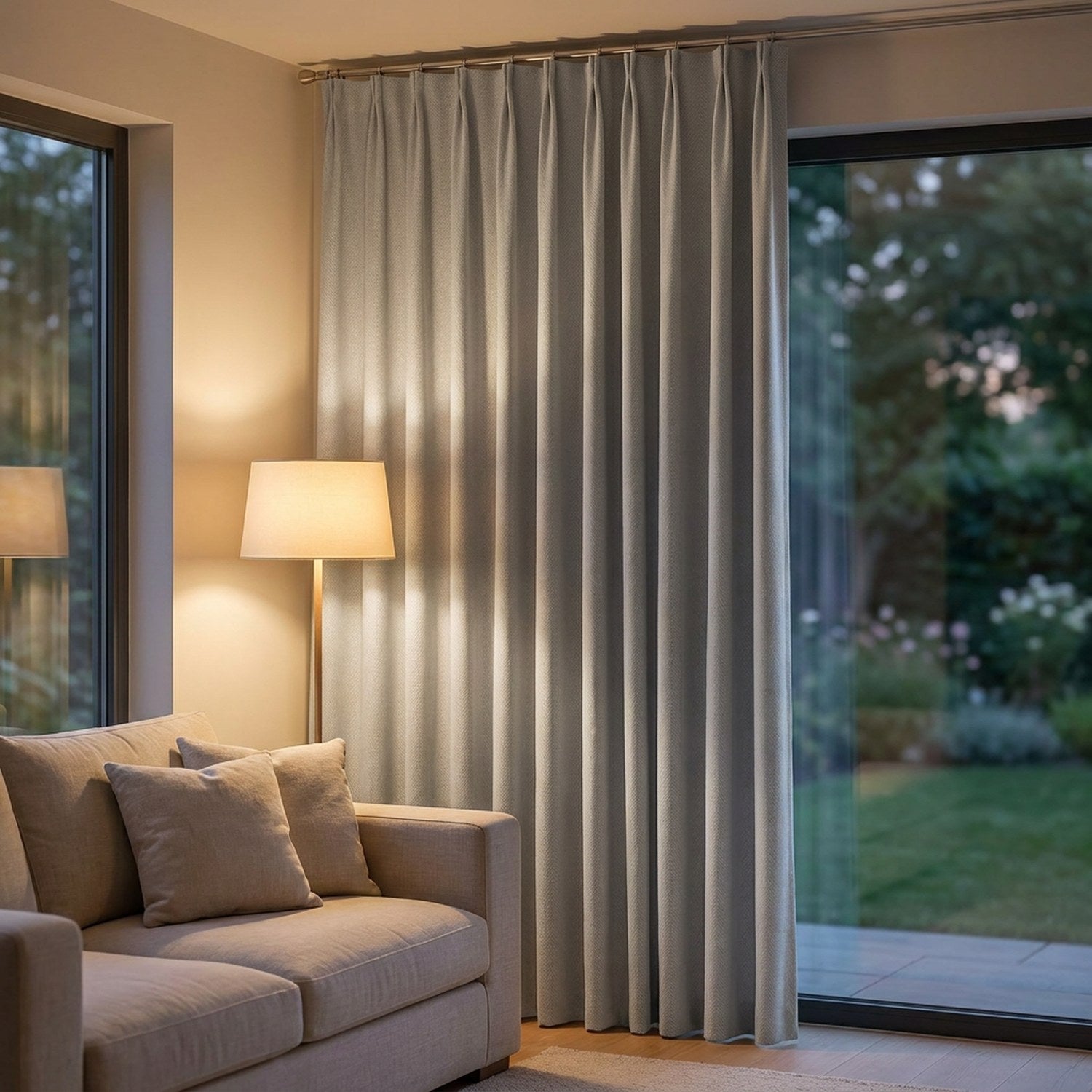 Rideau occultant gris dans un salon cocooning en soirée avec canapé et lampe chaleureuse