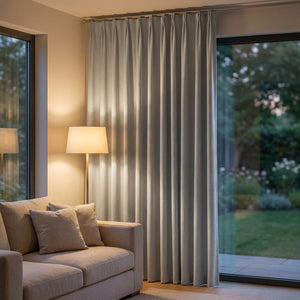 Rideau occultant gris dans un salon cocooning en soirée avec canapé et lampe chaleureuse