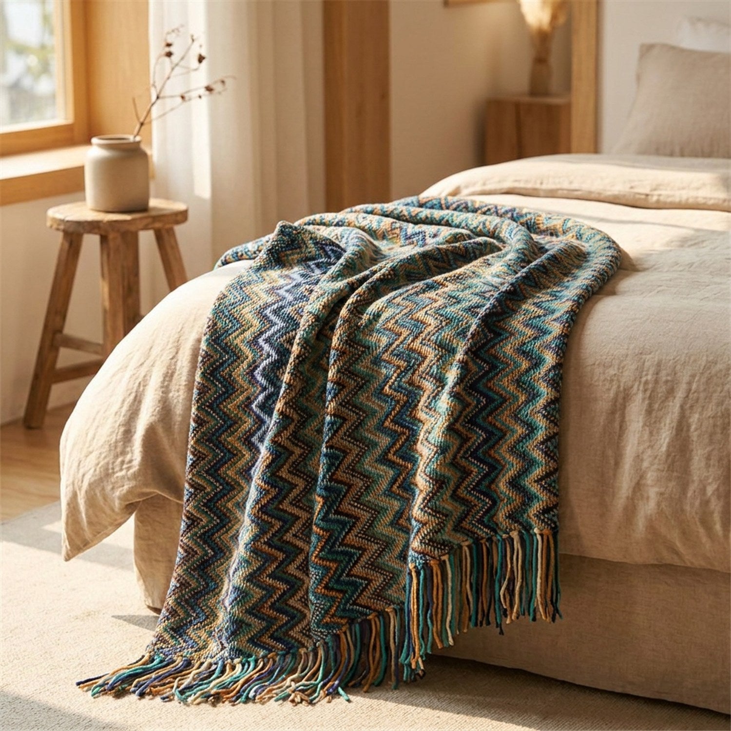 Plaid tricoté drapé au pied d'un lit dans une chambre bohème chaleureuse