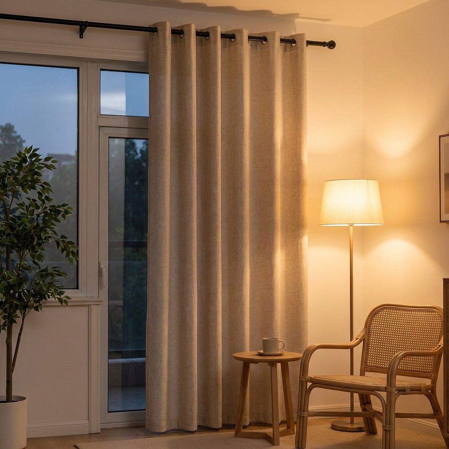 Rideau beige à œillets dans un coin salon cosy avec fauteuil en rotin et lampadaire allumé