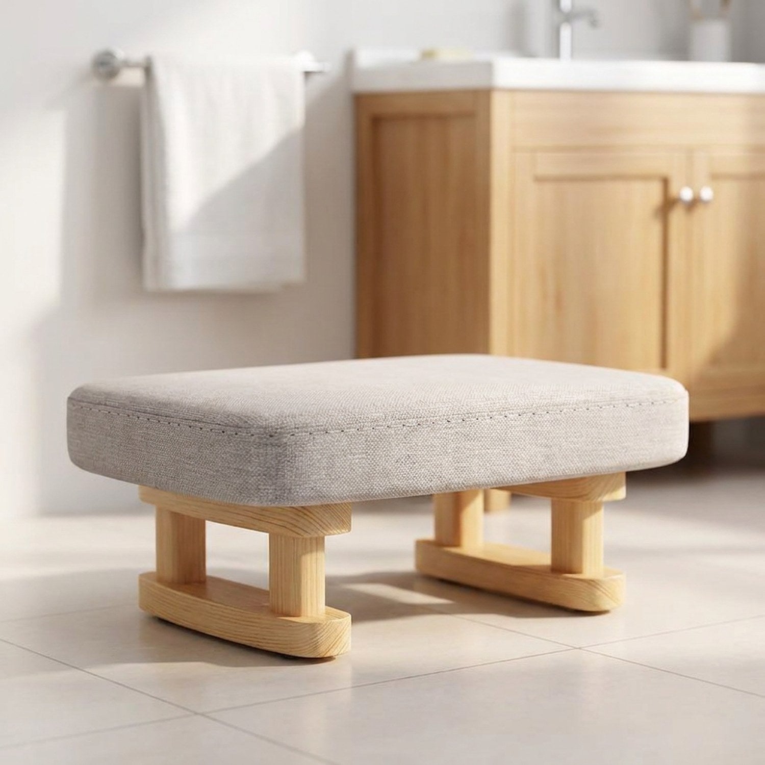 Tabouret rembourré gris utilisé comme marchepied dans une salle de bain enfant