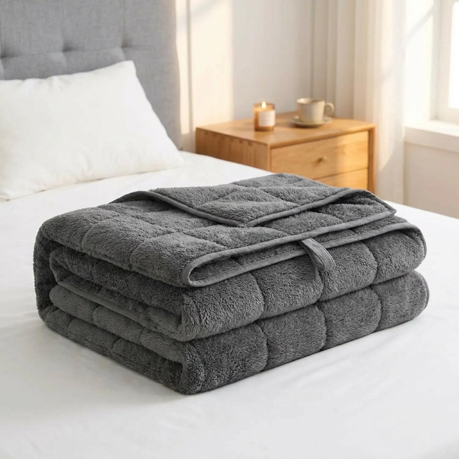 Couverture lestée grise pliée au pied d'un lit avec bougie allumée sur une table de chevet