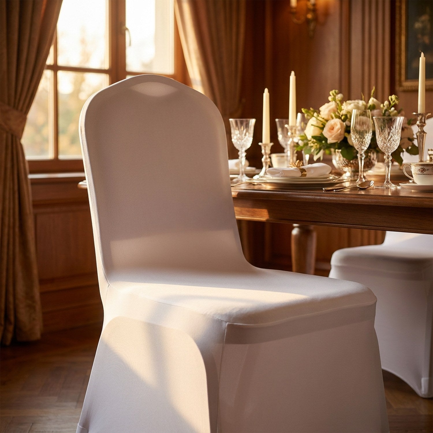 Chaise habillée de blanc en gros plan devant une table dressée avec bougies dans une salle à manger chaleureuse