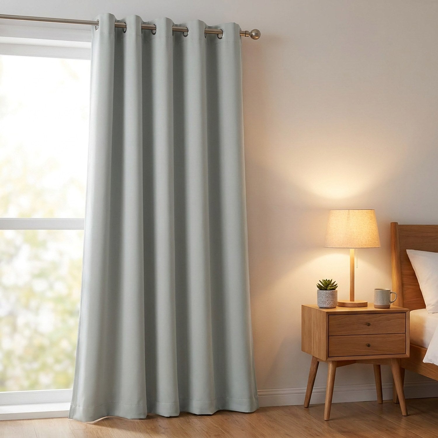 Rideau gris occultant dans une chambre moderne avec table de chevet en bois et lampe