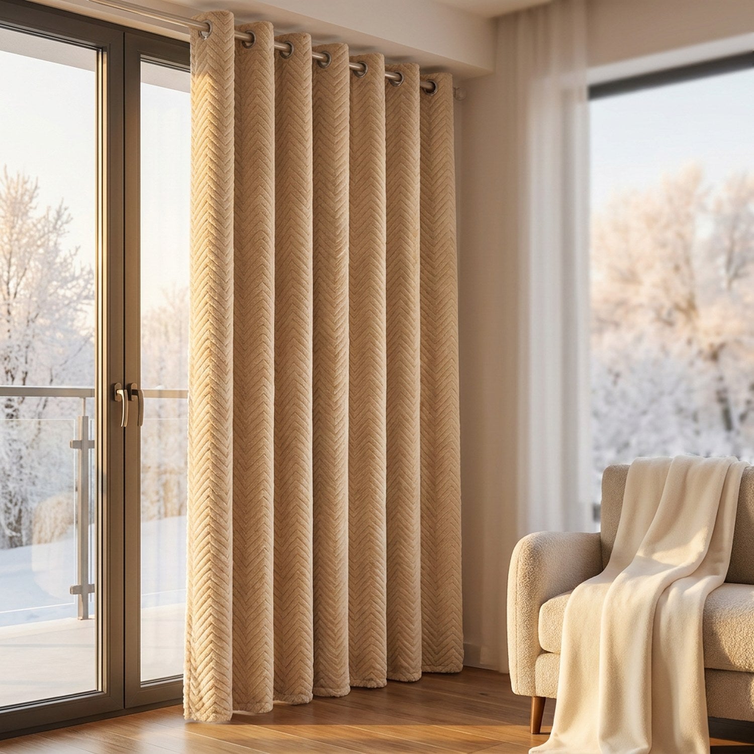 Rideau beige chevron près d'une porte de balcon avec fauteuil et plaid
