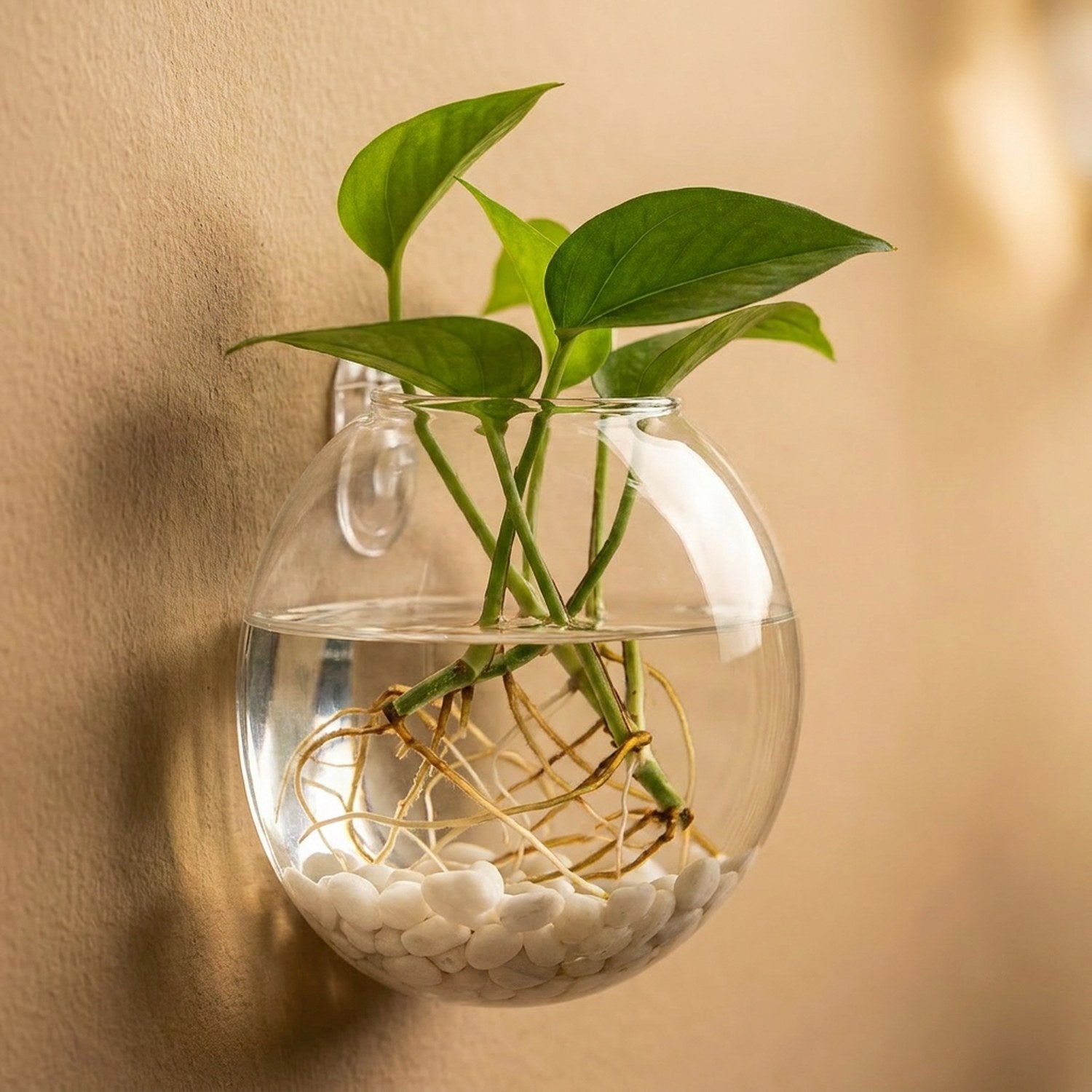Gros plan d'un vase mural en verre avec racines visibles dans l'eau et galets blancs