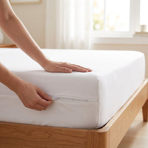 Housse de matelas imperméable installée à la main sur un matelas dans une chambre lumineuse