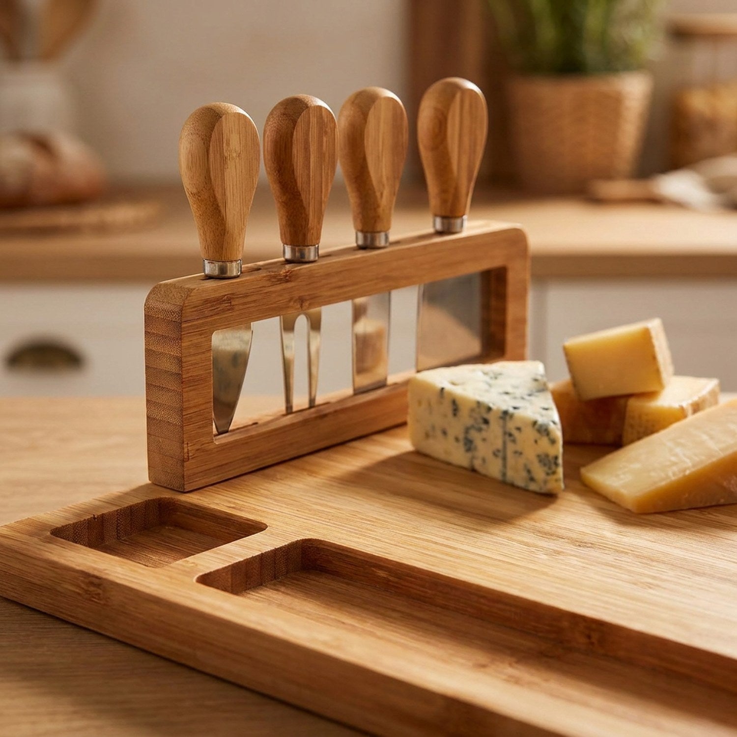 Gros plan sur le support amovible et les quatre couteaux à fromage en bambou