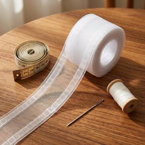 Rouleau de galon fronceur avec mètre ruban aiguille et fil de couture sur une table en bois