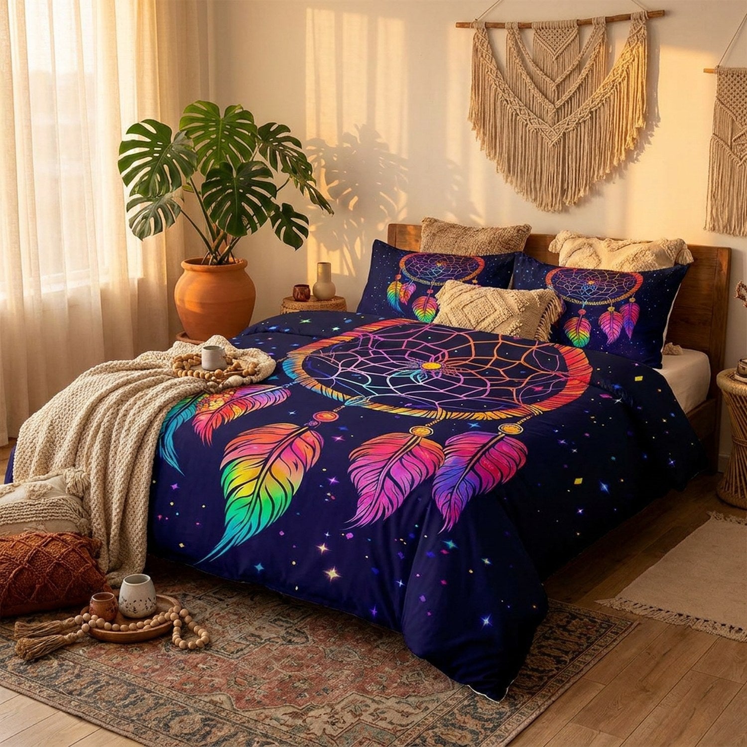 Parure de lit boho mandala dans une chambre bohème lumière dorée et tapisserie murale